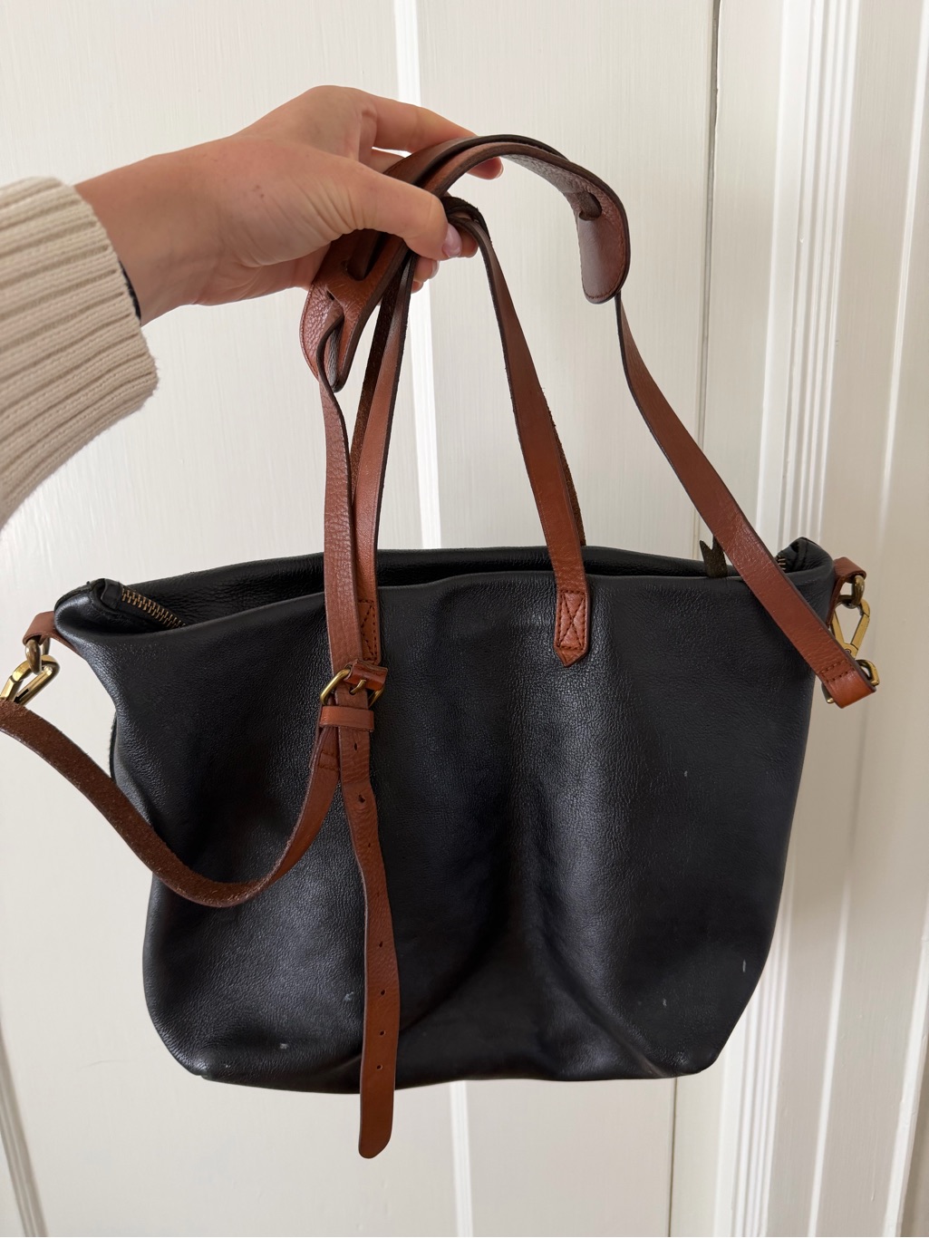 Madewell Black Leather Tote With Brown Straps